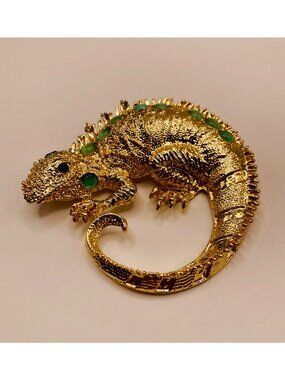 Gold-Tone Lizard Brooch Pin Green & Clear Gemstone Accents -15B